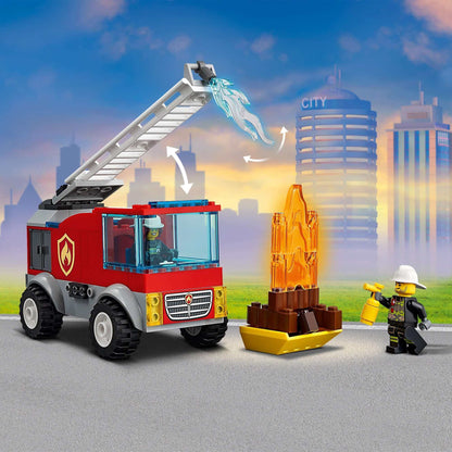LEGO® City Fire Ladder Truck 60280 playset with fireman and water feature against a city backdrop.