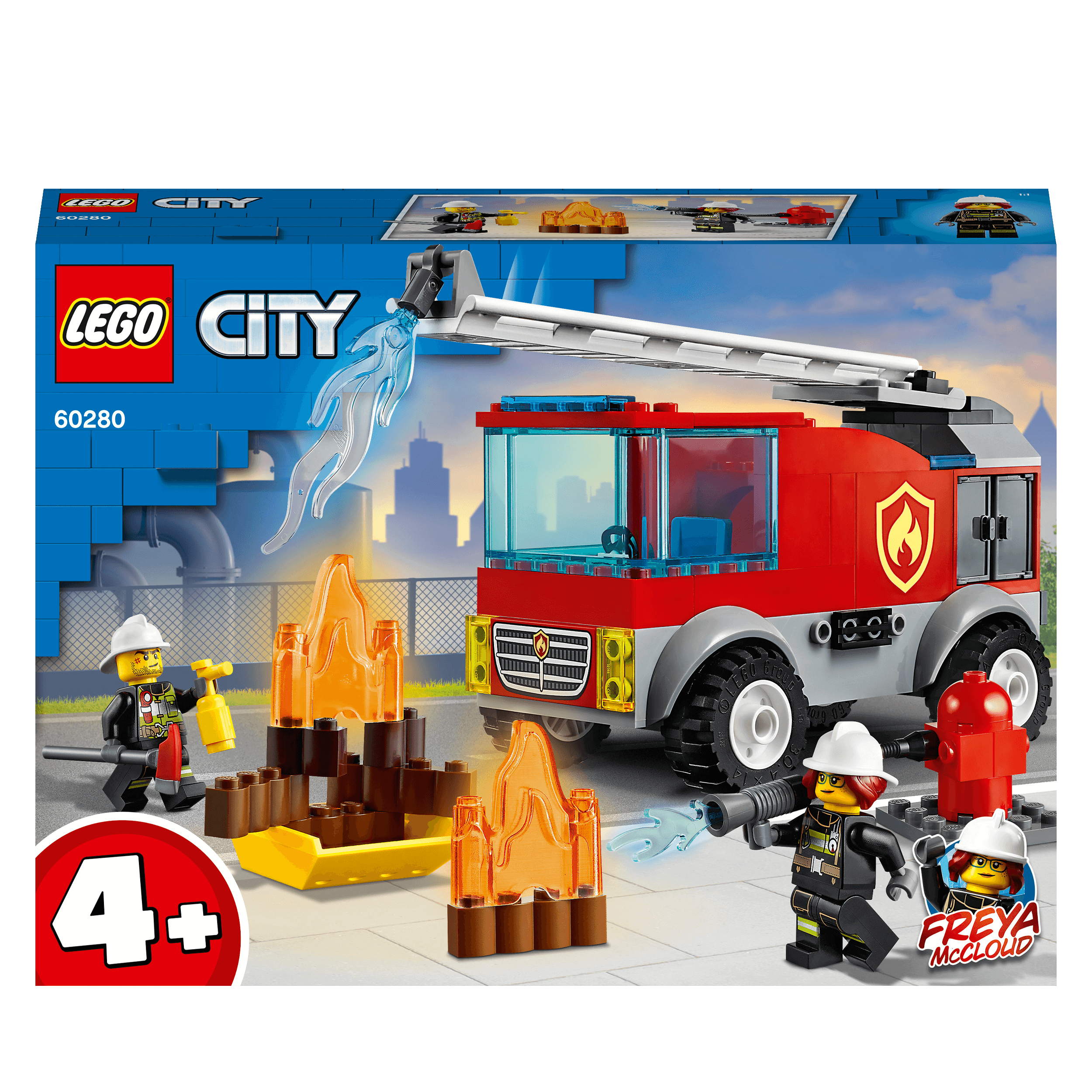 LEGO® City Fire Ladder Truck 60280 playset with Freya McCloud and firefighters, featuring a fire scene with flames and water.