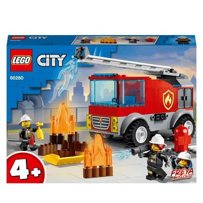 LEGO® City Fire Ladder Truck 60280 playset with Freya McCloud and firefighters, featuring a fire scene with flames and water.