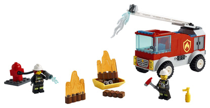 LEGO City Fire Ladder Truck 60280 with firefighters, hydrant, flames, and accessories for imaginative play.