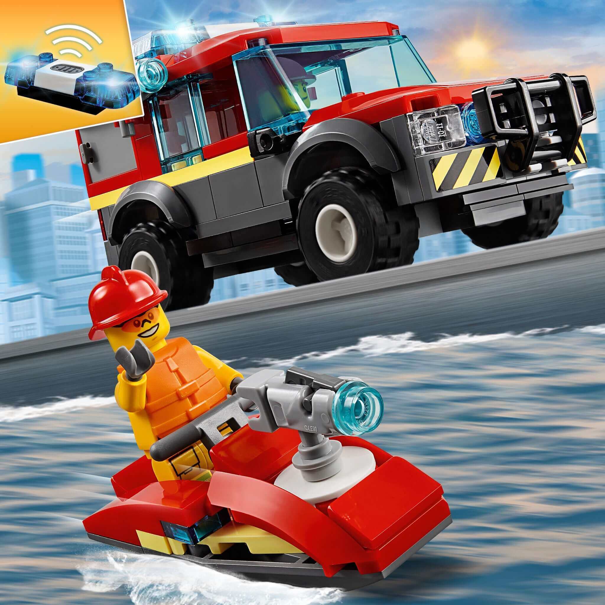 LEGO City Fire Station Truck 60215 with fireman on jet ski, bright colors and urban background, dynamic play scene.