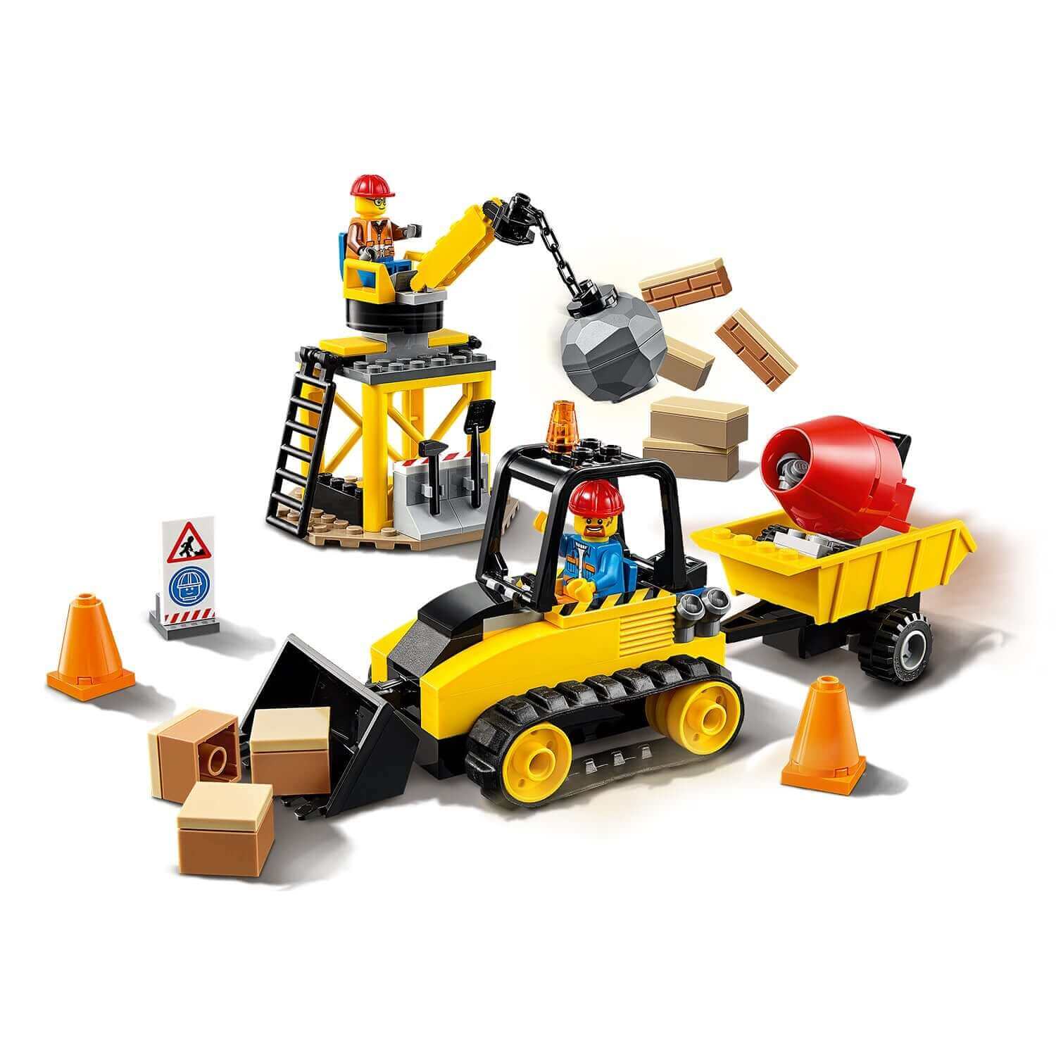 LEGO® City Great Vehicles Construction Bulldozer 60252 with minifigures, wrecking ball, and cement mixer on a building site.