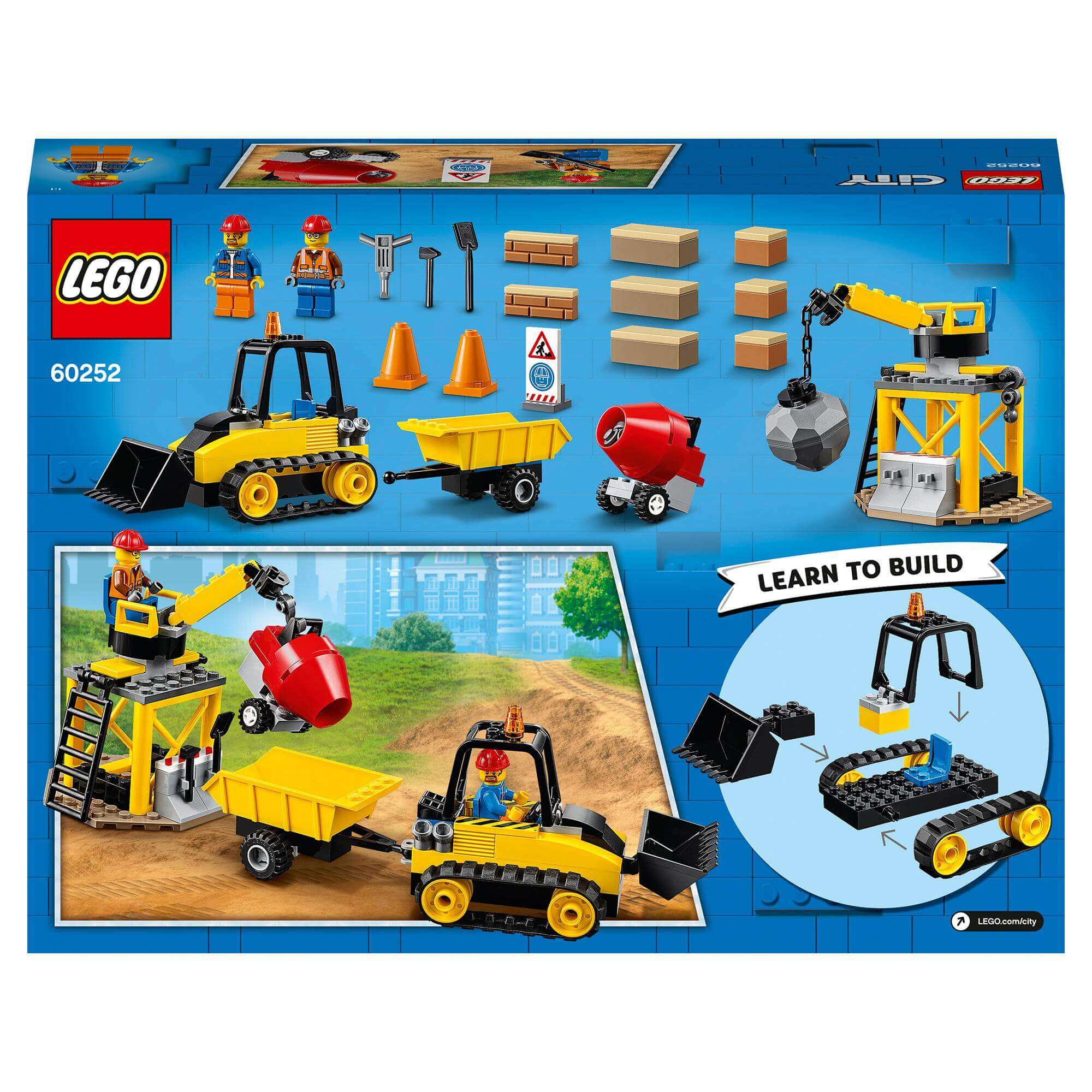 LEGO® City Great Vehicles Construction Bulldozer set 60252 with minifigures, wrecking ball, and building site accessories.