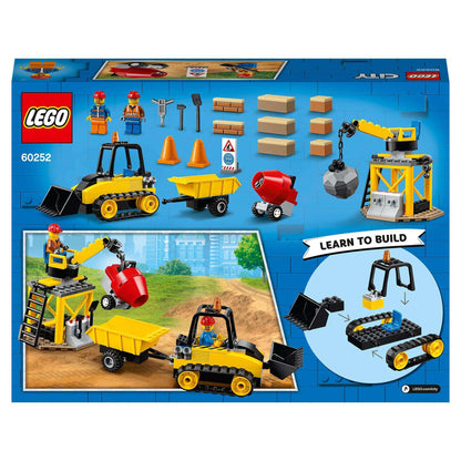 LEGO® City Great Vehicles Construction Bulldozer set 60252 with minifigures, wrecking ball, and building site accessories.