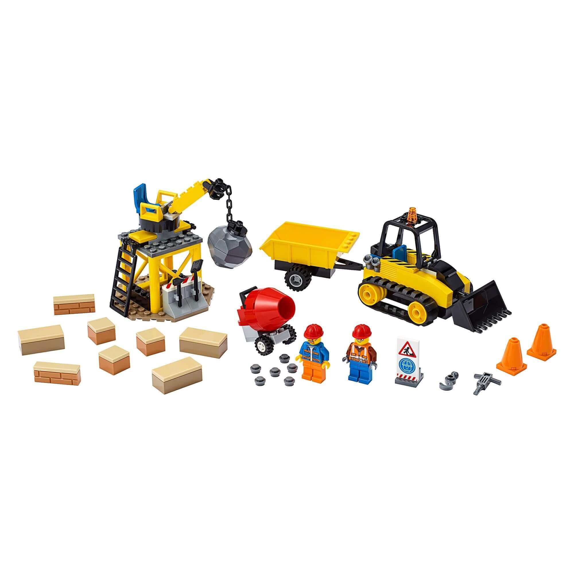 LEGO City Great Vehicles Construction Bulldozer 60252 set with bulldozer, wrecking ball, cement mixer, and worker minifigures.
