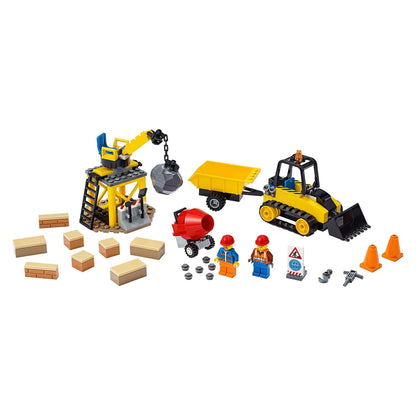 LEGO City Great Vehicles Construction Bulldozer 60252 set with bulldozer, wrecking ball, cement mixer, and worker minifigures.