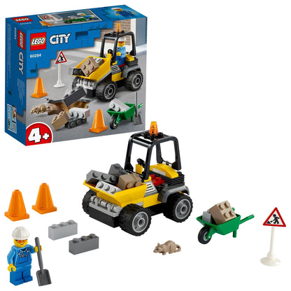 LEGO® City Great Vehicles Roadwork Truck Toy 60284 with front-end loader and accessories for kids aged 4+. Fun road maintenance playset.