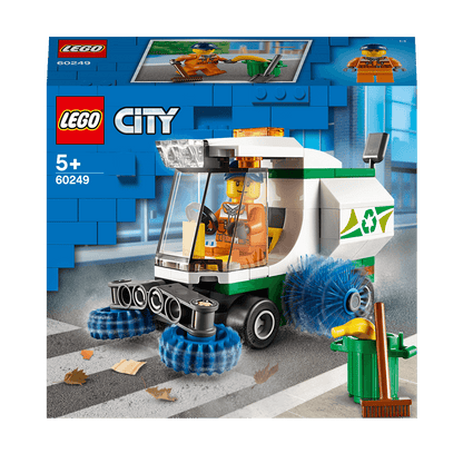 LEGO City Great Vehicles Street Sweeper Toy 60249 with spinning brushes and driver minifigure for kids 5+.