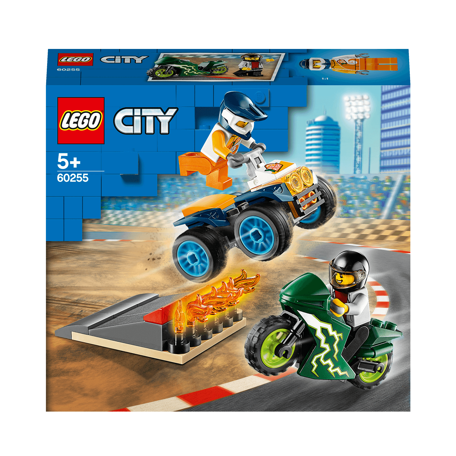 LEGO City Nitro Wheels Stunt Team Set 60255 featuring ATV, motorcycle, ramp, and minifigures for kids 5+.