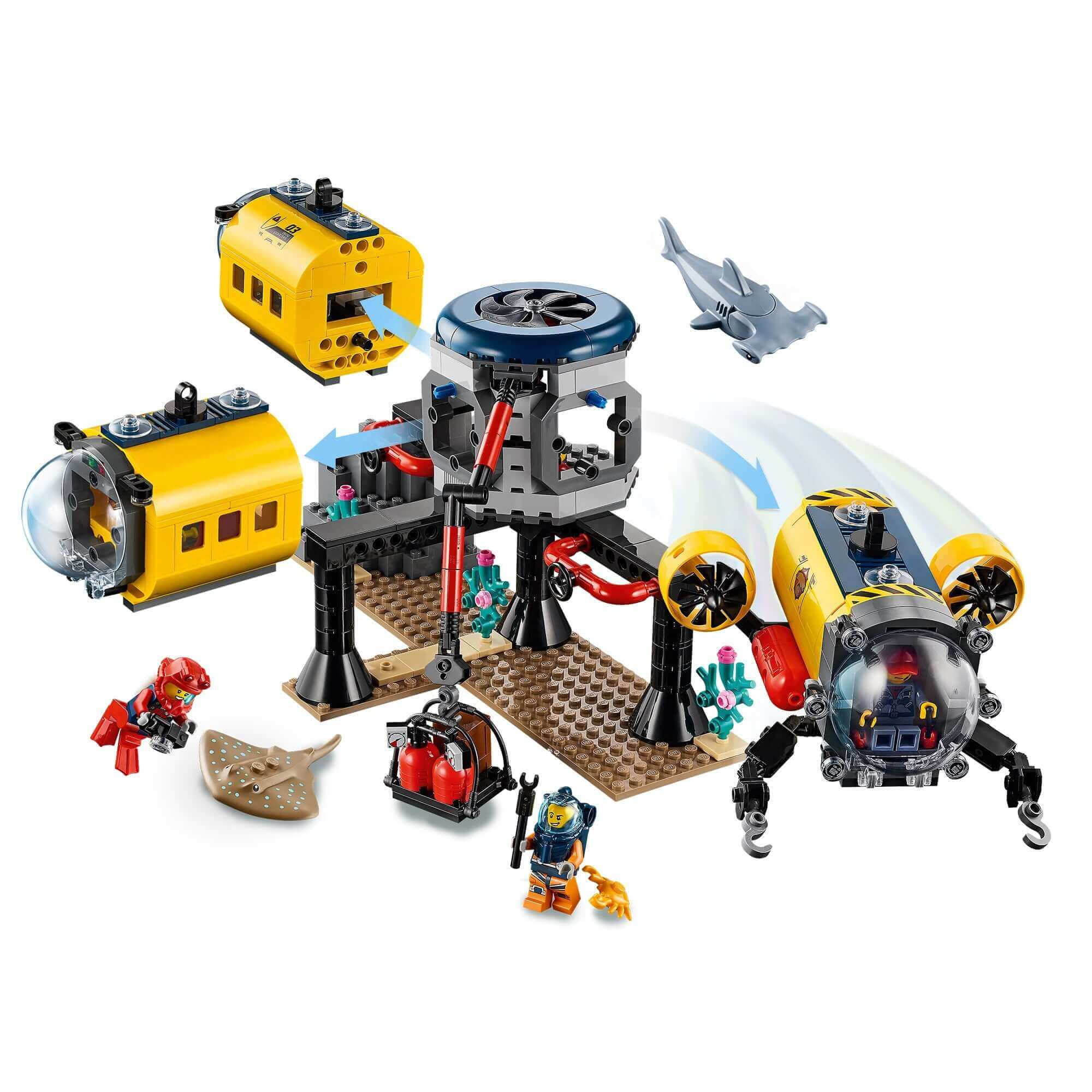 LEGO® City Ocean Exploration Base set 60265 with submersible, underwater lab, and ocean explorer figures.