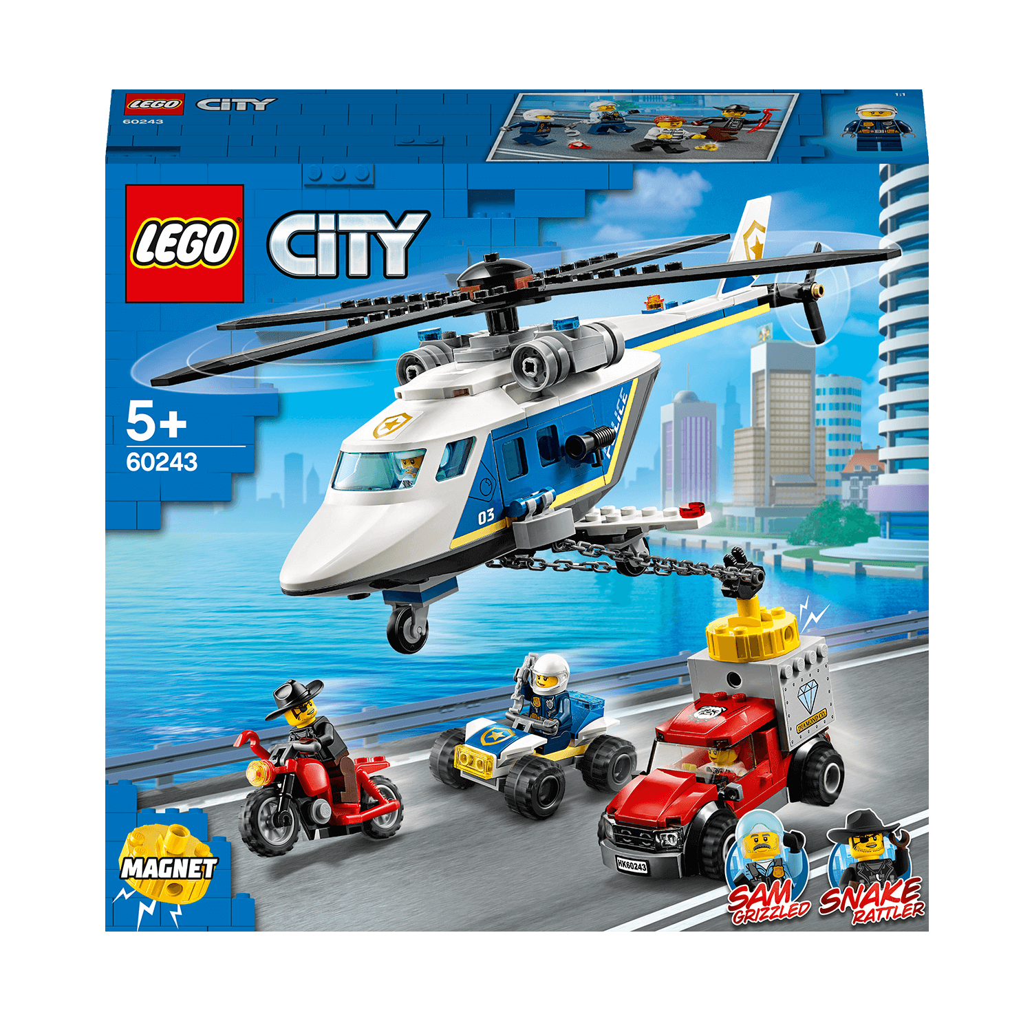 LEGO® City Police Helicopter Chase Set 60243 with toy helicopter and car chase action for kids 5 years and up.