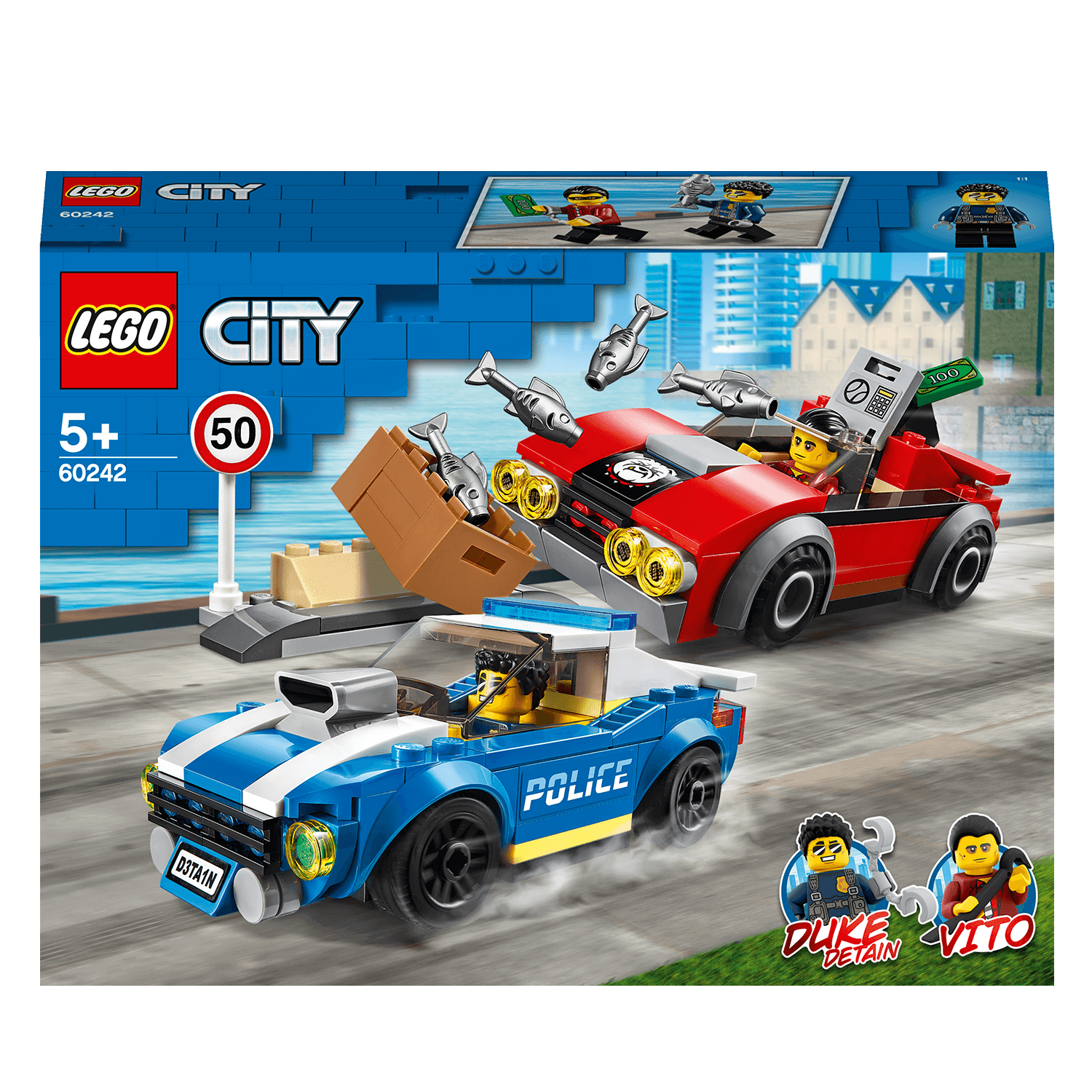 LEGO® City Police Highway Arrest Set 60242 features Duke DeTain chasing thief Vito in high-speed car action.