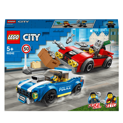 LEGO® City Police Highway Arrest Set 60242 features Duke DeTain chasing thief Vito in high-speed car action.