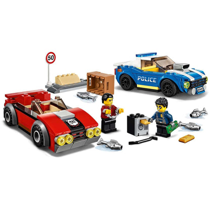 LEGO® City Police Highway Arrest Set 60242 featuring Duke DeTain, thief Vito, police and getaway cars.