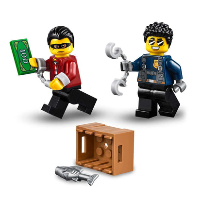 LEGO® City Police Highway Arrest Set 60242 featuring Duke DeTain and thief Vito with cash and handcuffs.