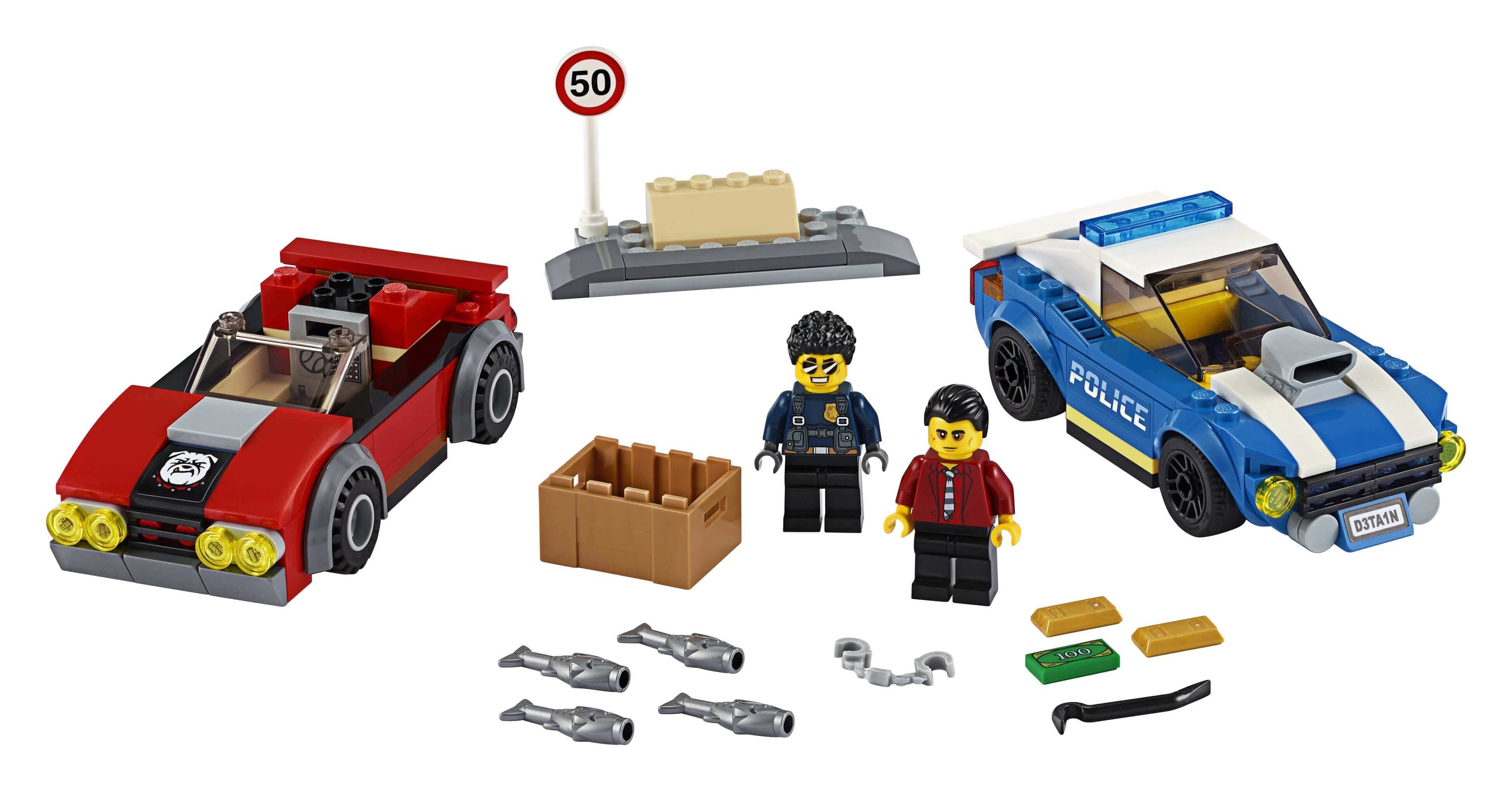 LEGO City Police Highway Arrest Set 60242 with police car, sports car, minifigures, and accessories for fun play.