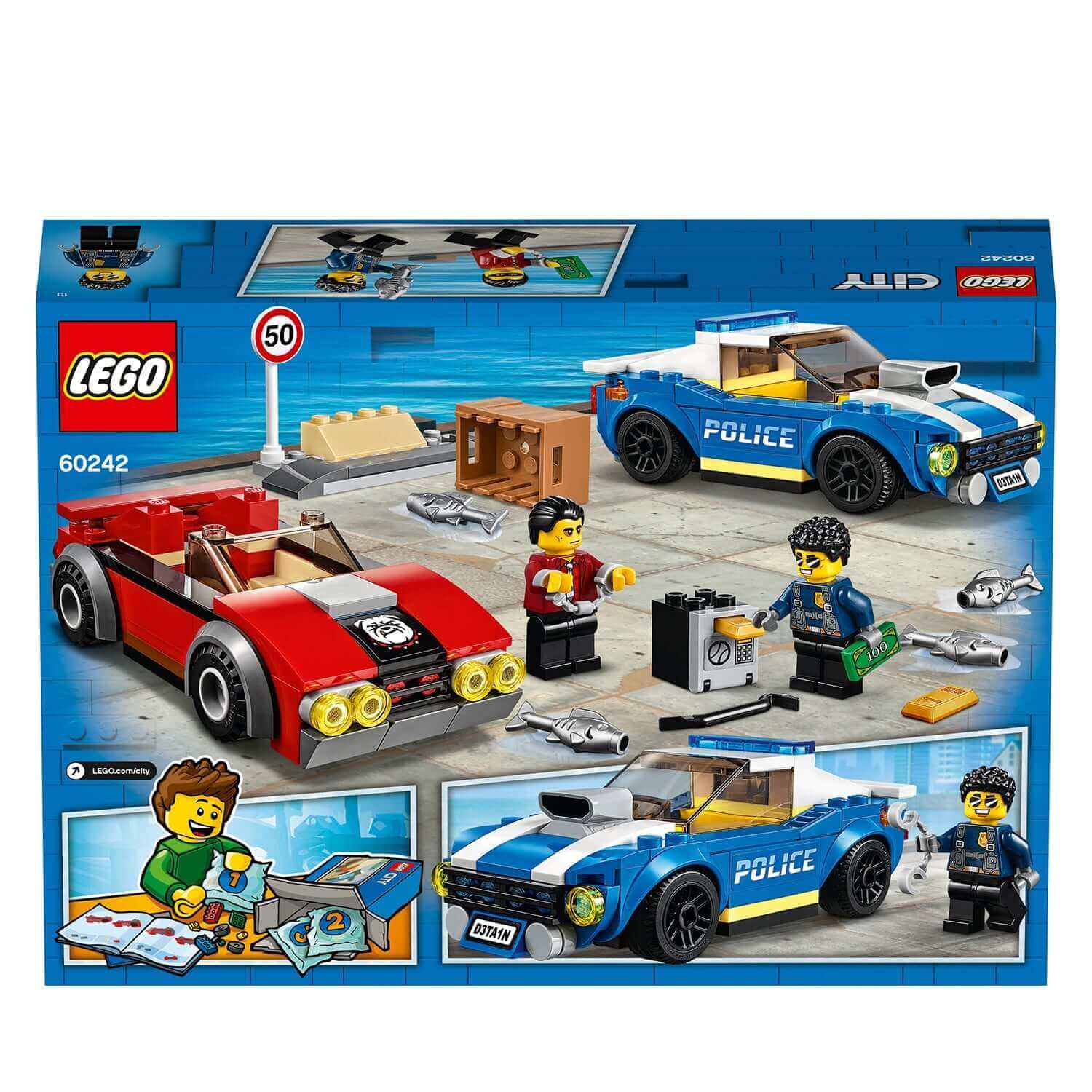 LEGO® City Police Highway Arrest Set 60242 with Duke DeTain, Vito, police car, and red getaway vehicle.
