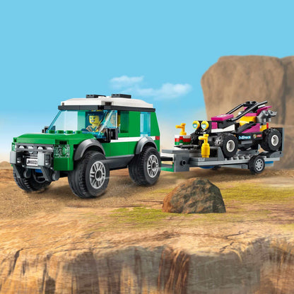 LEGO City Race Buggy Transporter featuring off-roader SUV, trailer, and Baja race buggy with minifigures.
