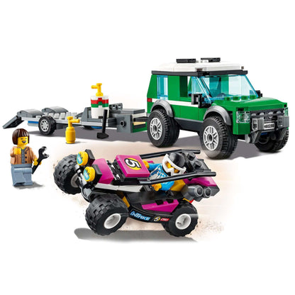 LEGO City Race Buggy Transporter set featuring a green SUV, trailer, Baja buggy, and driver minifigures for kids.
