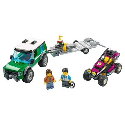 LEGO City Race Buggy Transporter set with SUV, trailer, Baja race buggy, and two driver minifigures.