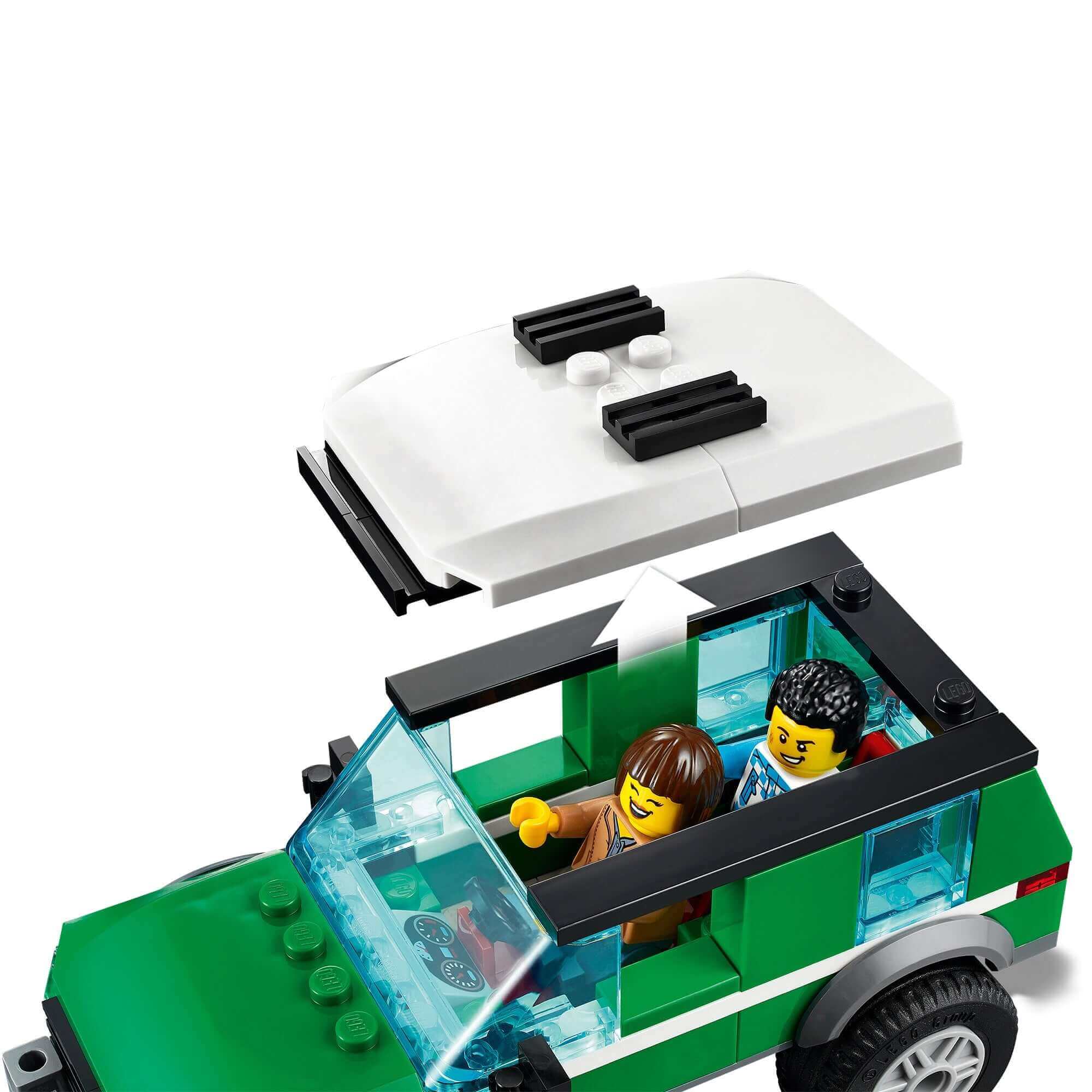 LEGO® City Race Buggy Transporter with off-roader SUV, windshield, minifigures, and removable roof feature.