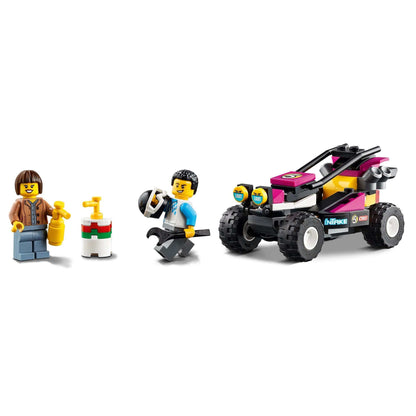 LEGO City Race Buggy Transporter set featuring 2 minifigures, a Baja race buggy, and accessories for imaginative play.