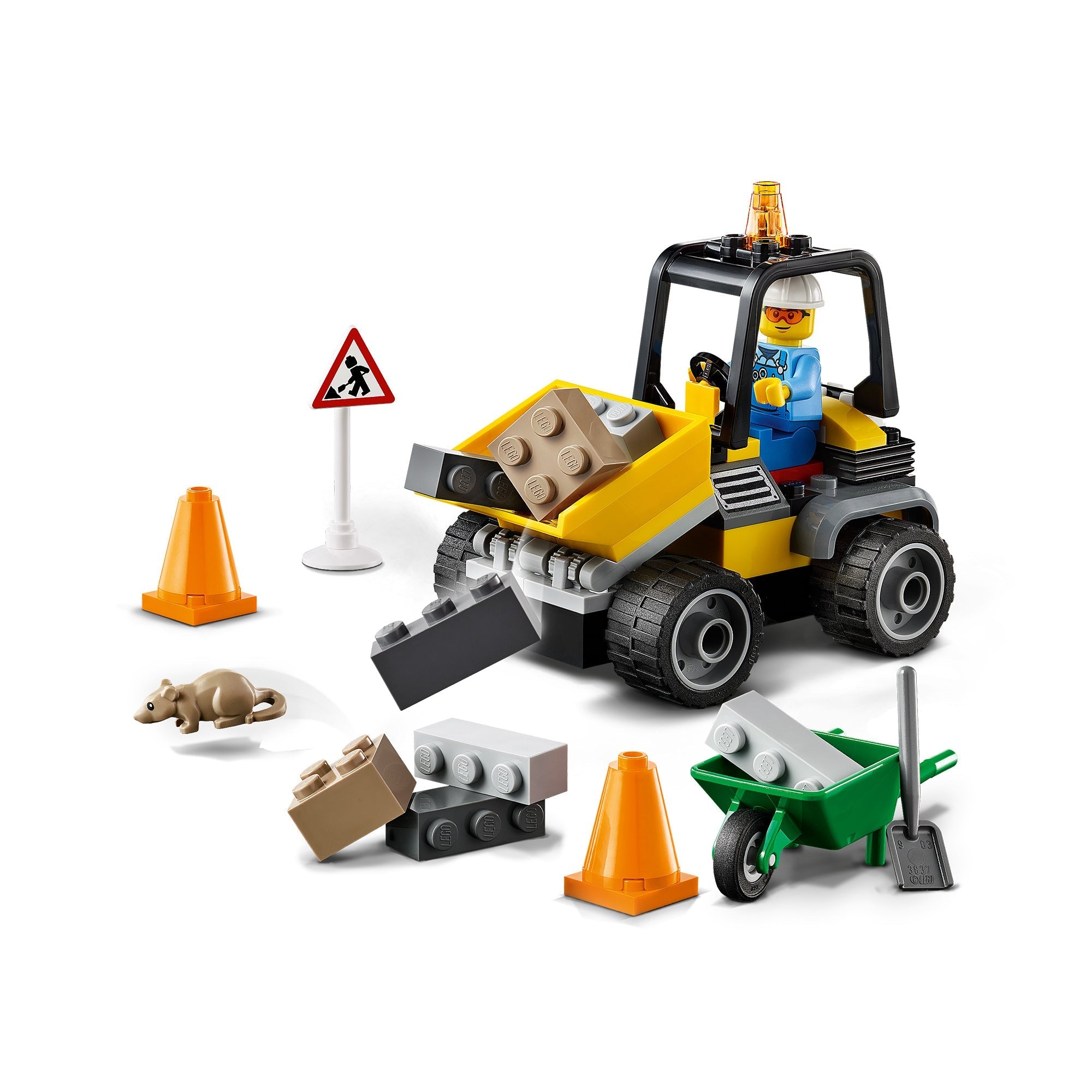 LEGO® City Great Vehicles Roadwork Truck 60284 with loader, construction cones, and play elements for kids aged 4+.