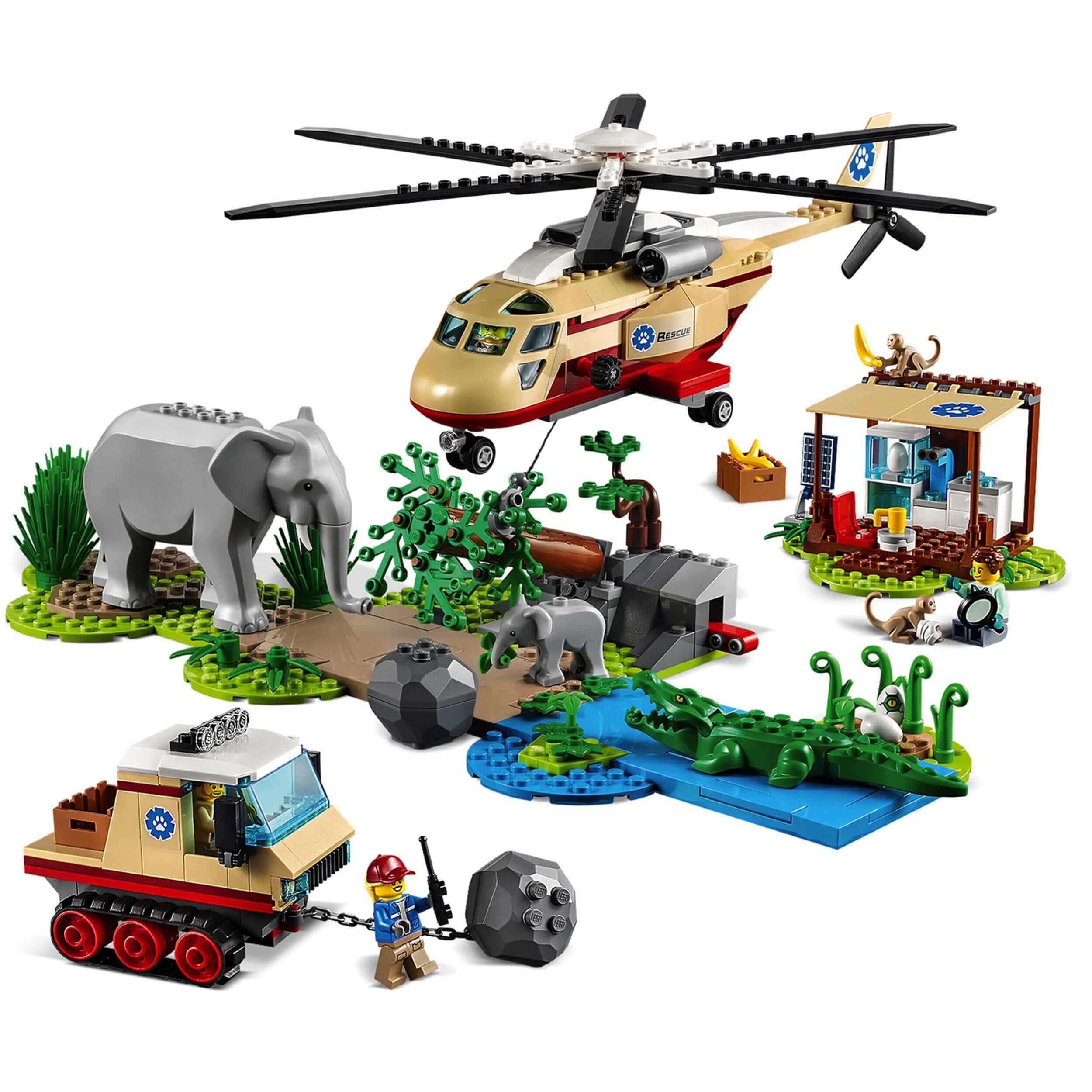 LEGO City Wildlife Rescue Operation Vet Set 60302 with helicopter, animals, and rescue characters for adventurous play.