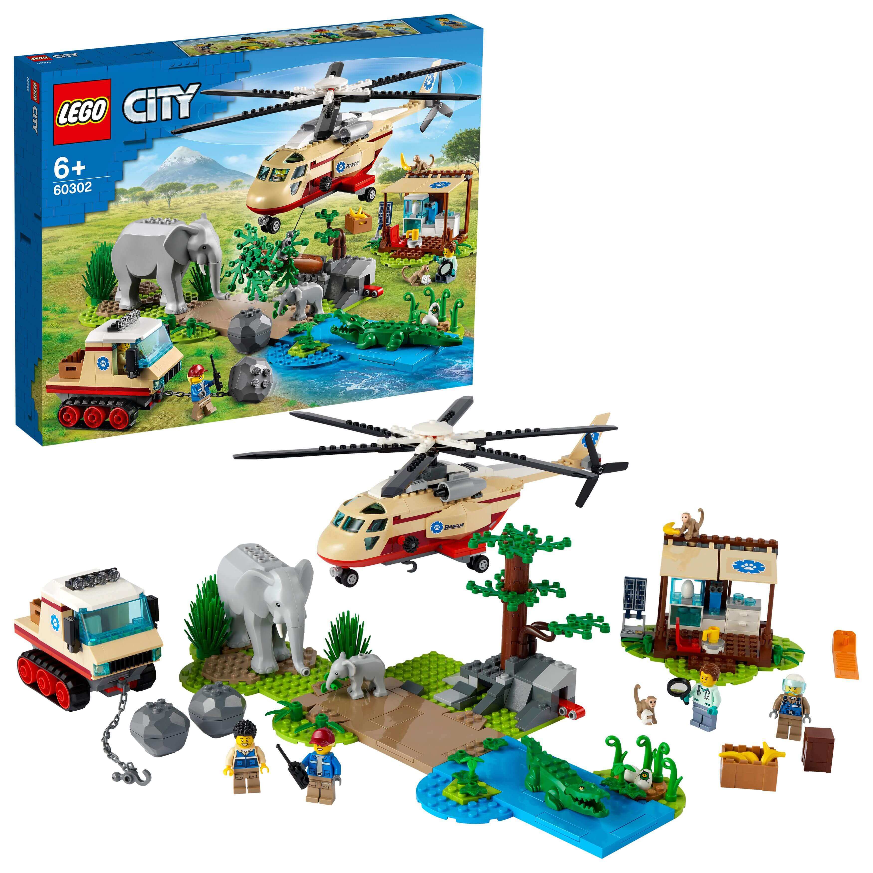 LEGO City Wildlife Rescue Operation Vet Set 60302 with helicopter, vehicles, and animals for roleplay fun.