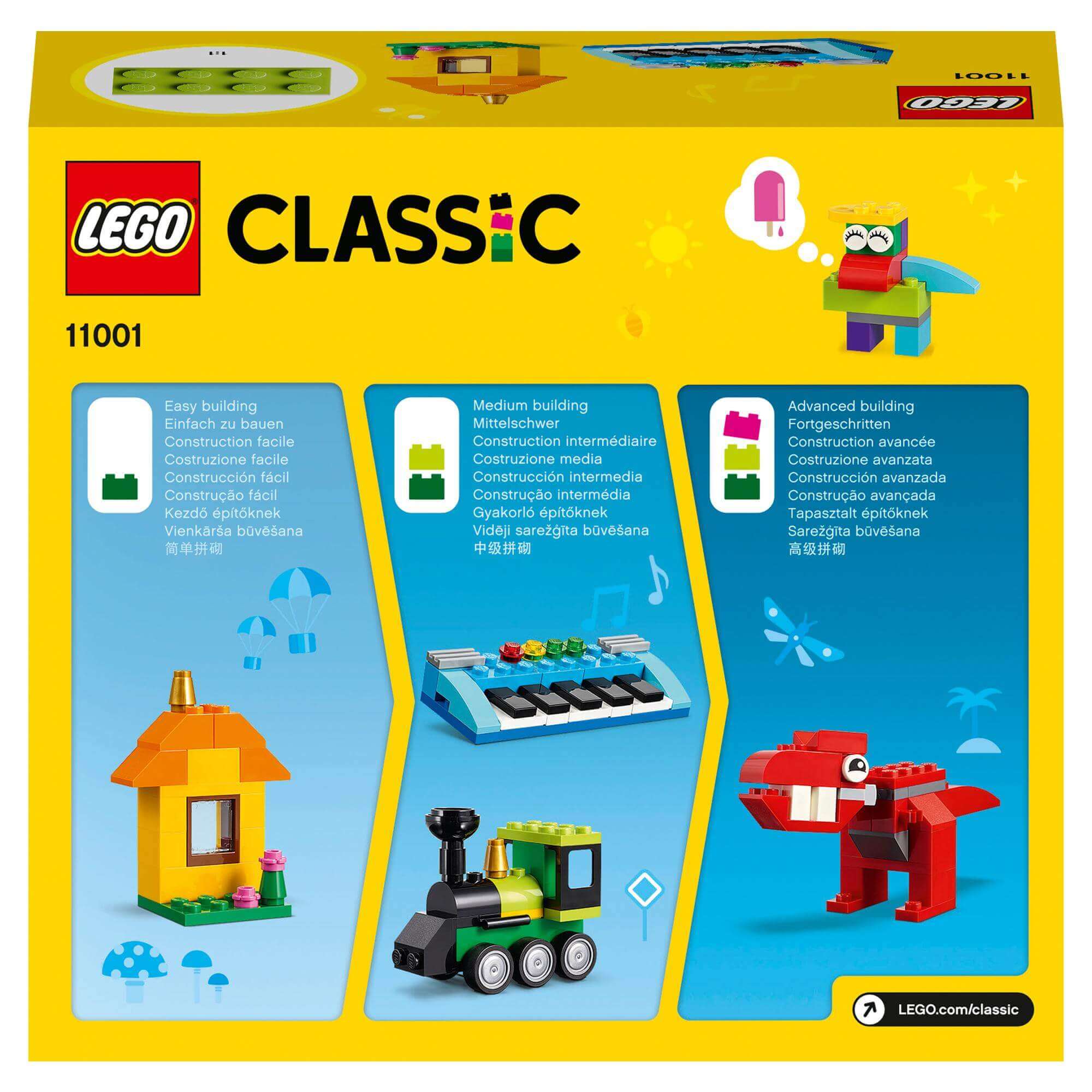 LEGO Classic Bricks 11001 box showing easy, medium, and advanced building ideas for kids.