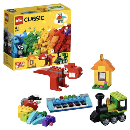 LEGO Classic Bricks and Ideas Construction Toy 11001 with colorful bricks, dinosaur, house, and train set.