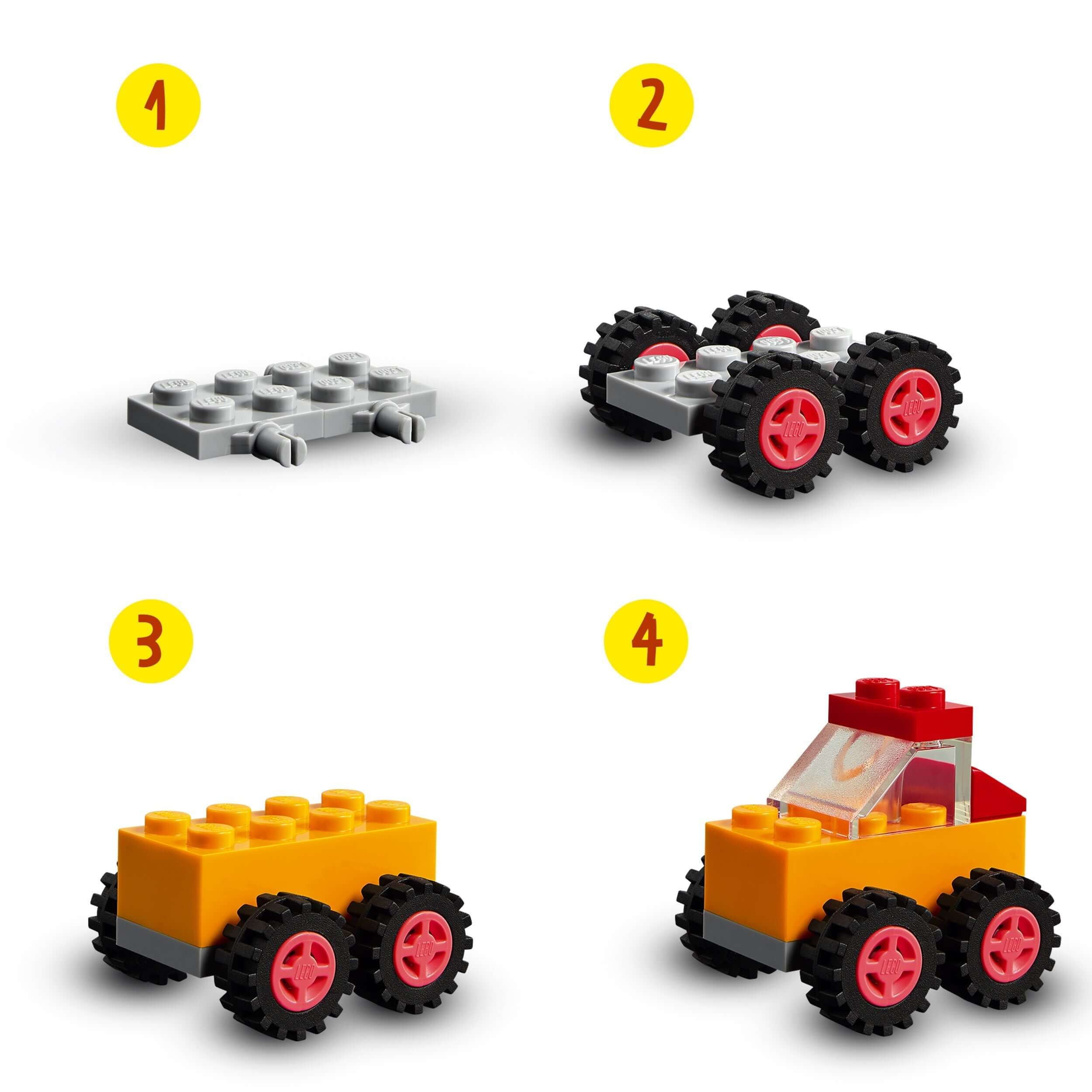 Step-by-step guide to building vehicles with LEGO Classic Bricks and Wheels set 11014, showcasing parts and assembly.