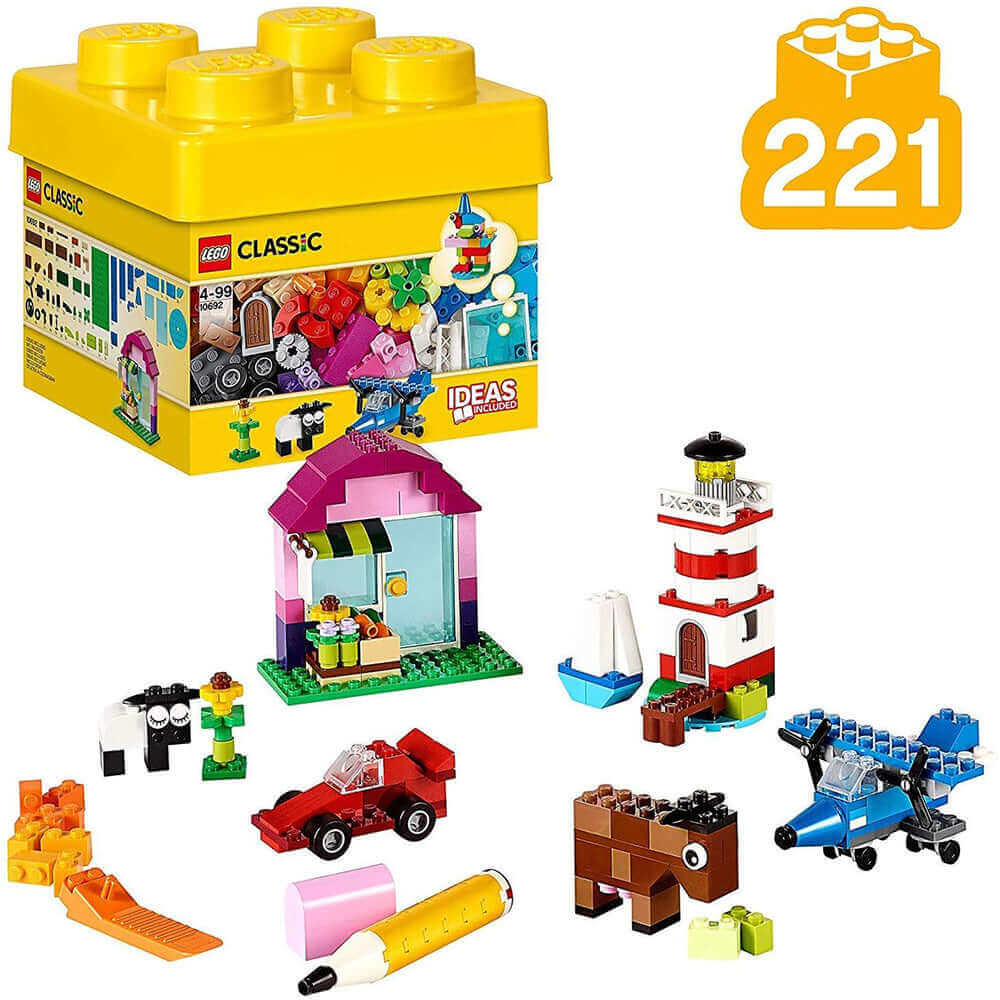 LEGO Classic Creative Bricks set 10692 featuring colorful bricks and builds for children ages 4-99.
