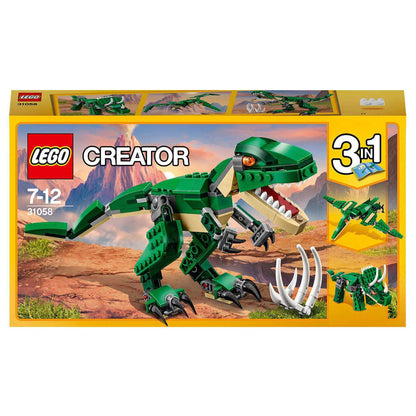 LEGO Creator 3in1 Mighty Dinosaurs model set 31058 featuring T-Rex with posable joints and fierce claws.
