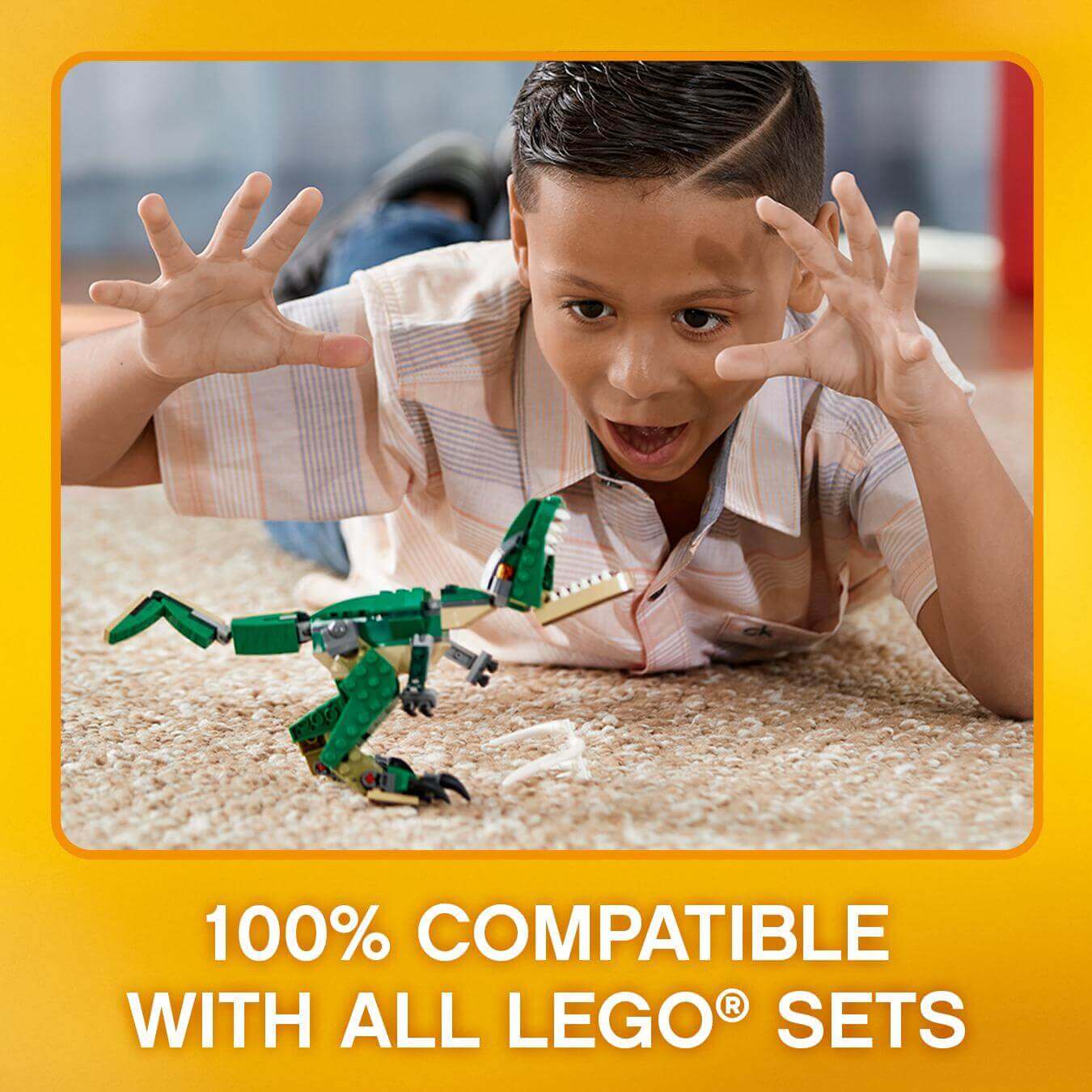 Child excitedly playing with LEGO® Creator 3in1 Mighty Dinosaurs model, showcasing compatibility with all LEGO® sets.