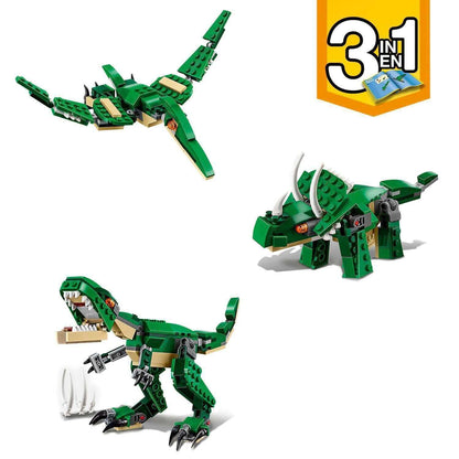 LEGO® Creator 3in1 Mighty Dinosaurs Model Set 31058 featuring T-Rex, Triceratops, and Pterodactyl builds.