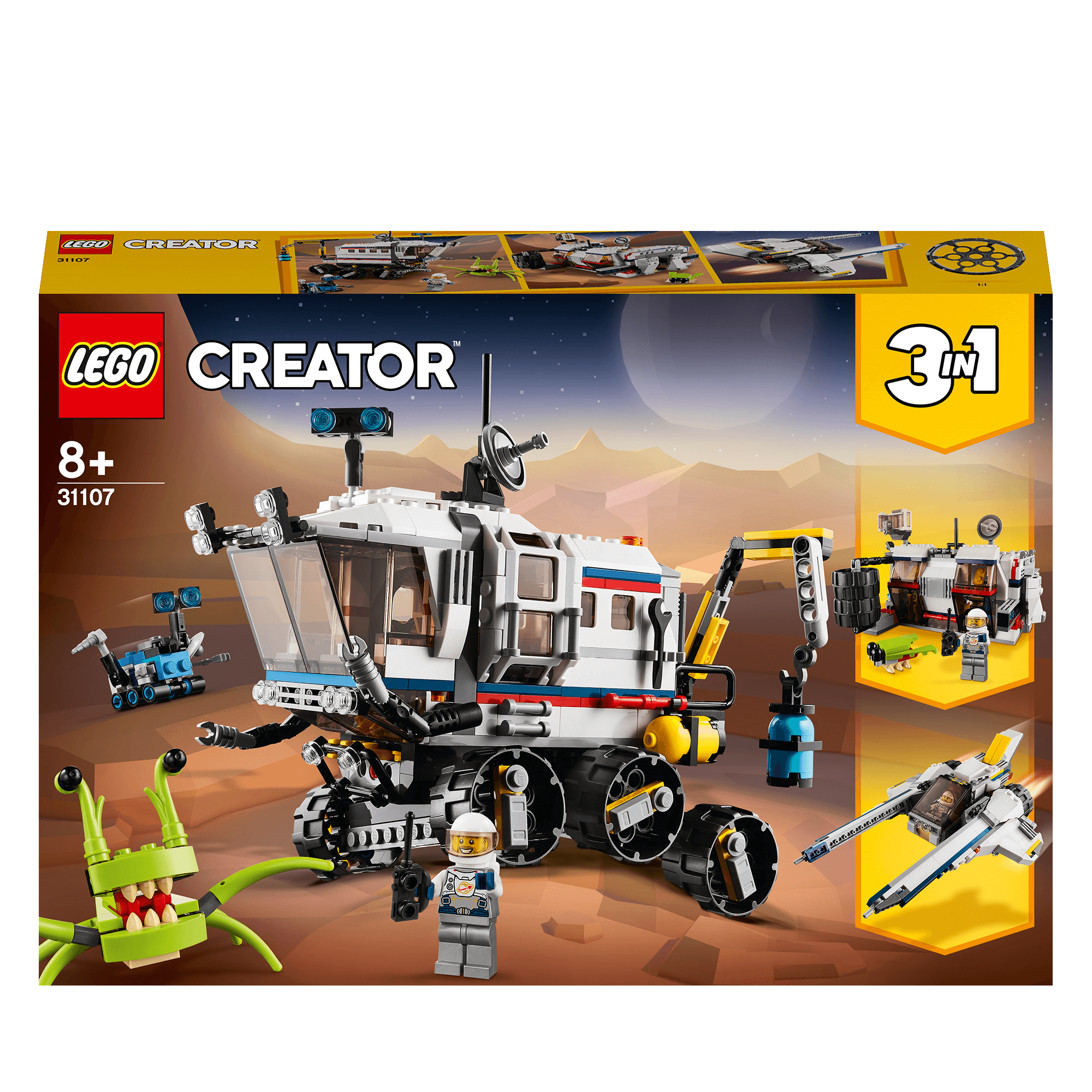 LEGO® Creator 3in1 Space Rover Explorer Set 31107 packaging featuring the rover, alien, and buildable space vehicles.