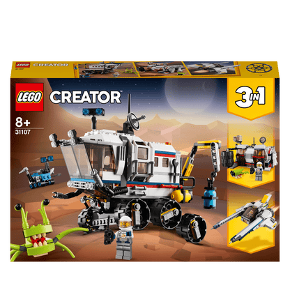 LEGO® Creator 3in1 Space Rover Explorer Set 31107 packaging featuring the rover, alien, and buildable space vehicles.