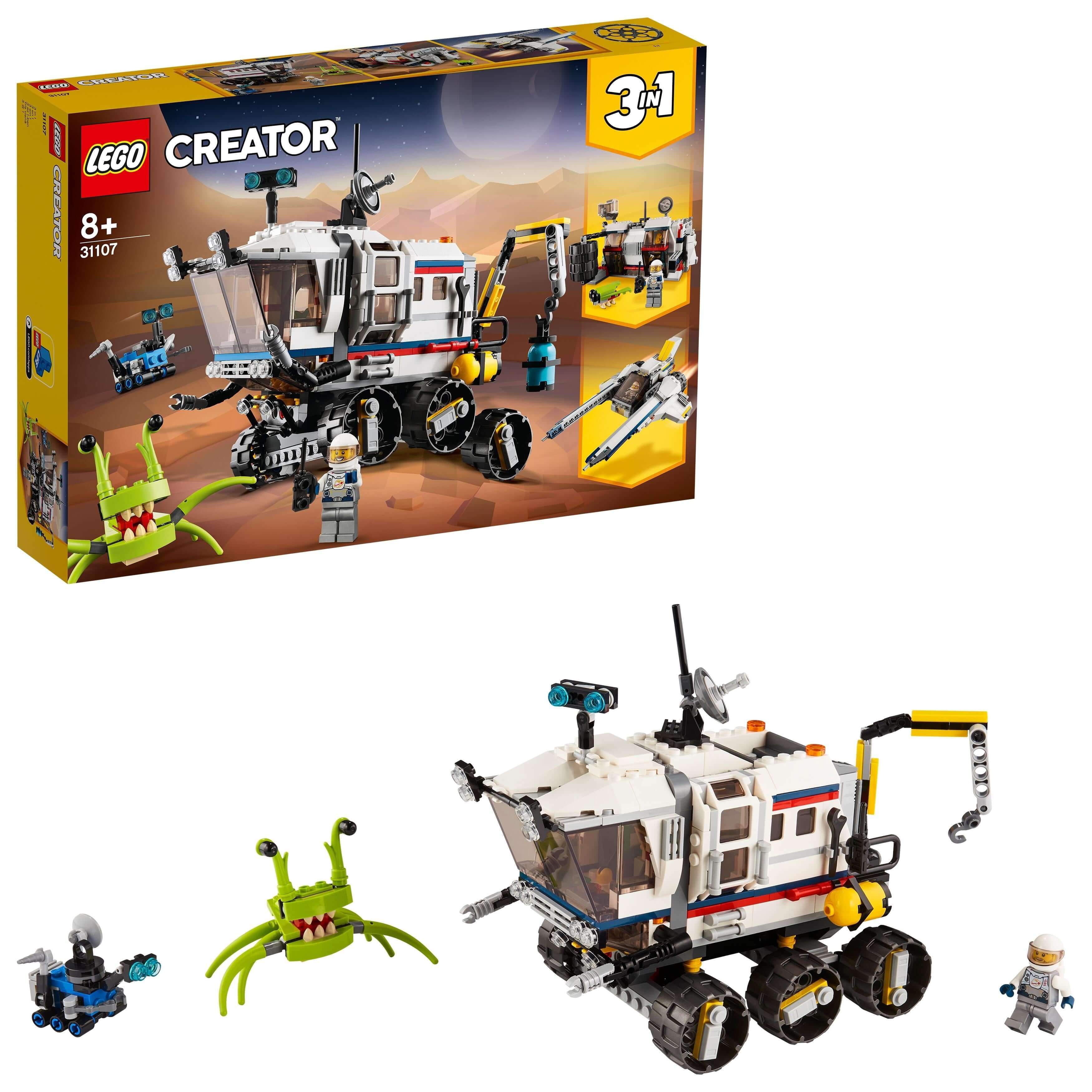 LEGO® Creator 3in1 Space Rover Explorer Set 31107 with rover, alien figures, and space-themed accessories.