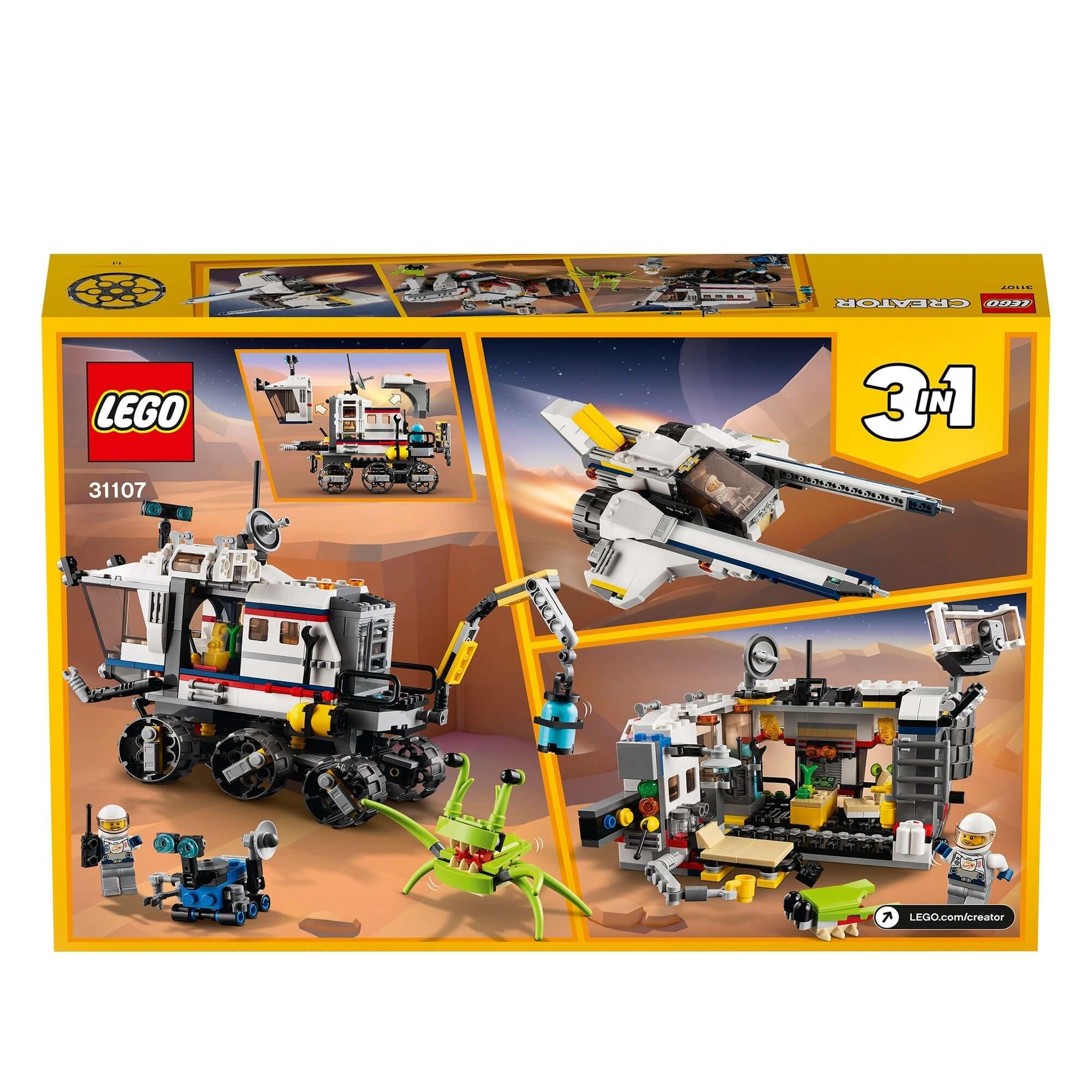 LEGO Creator 3in1 Space Rover Explorer Set 31107 featuring rover, space base, and flyer for imaginative play.