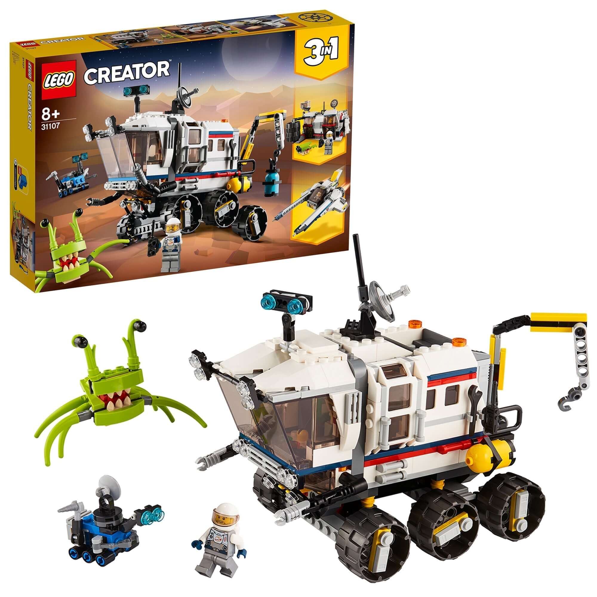 LEGO Creator 3in1 Space Rover Explorer Set 31107, featuring a rover, space creatures, and astronauts for imaginative play.