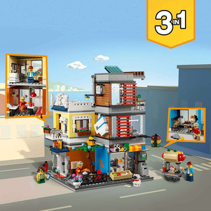 LEGO® Creator 3in1 Townhouse Pet Shop & Café 31097 showcasing multiple build options with characters and vibrant details.