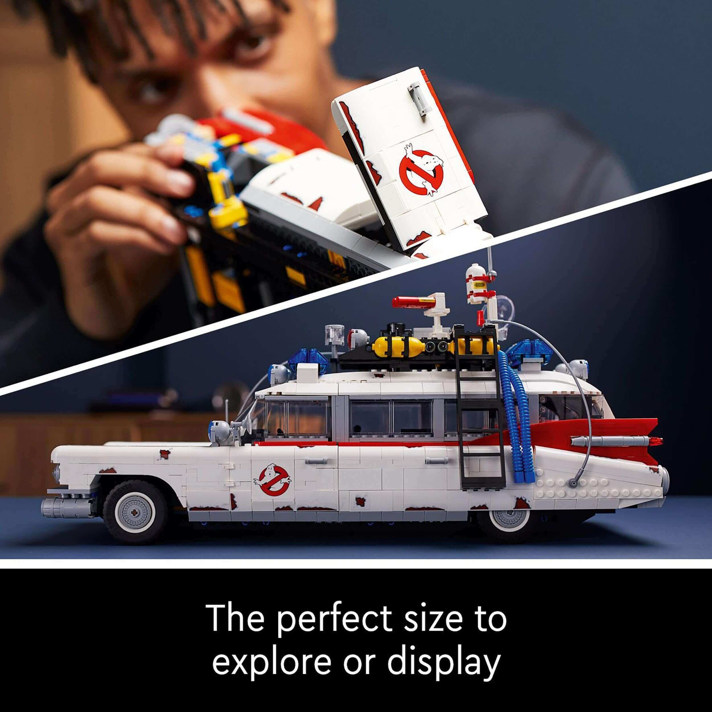 LEGO Creator Expert Ghostbusters ECTO-1 set held by a builder, showcasing perfect size for exploration and display.