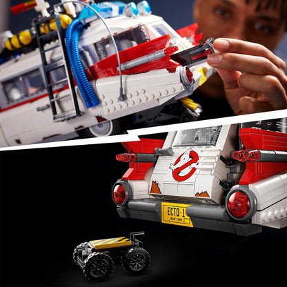 Builder showcasing the LEGO® Creator Expert Ghostbusters ECTO-1 set with movable features and detail.