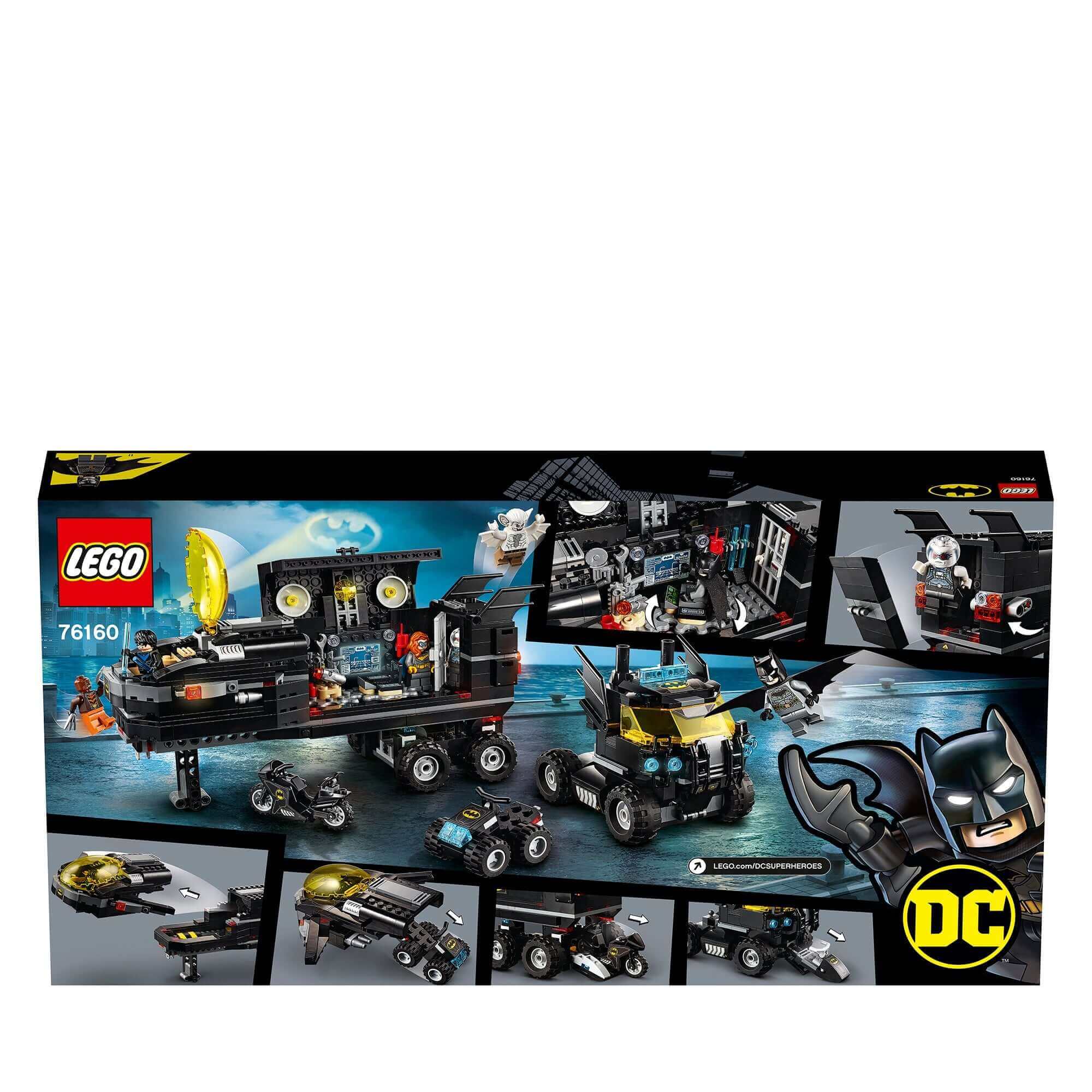LEGO DC Batman Mobile Bat Base Truck Toy 76160 featuring vehicles, gadgets, and minifigures from Batman movies.
