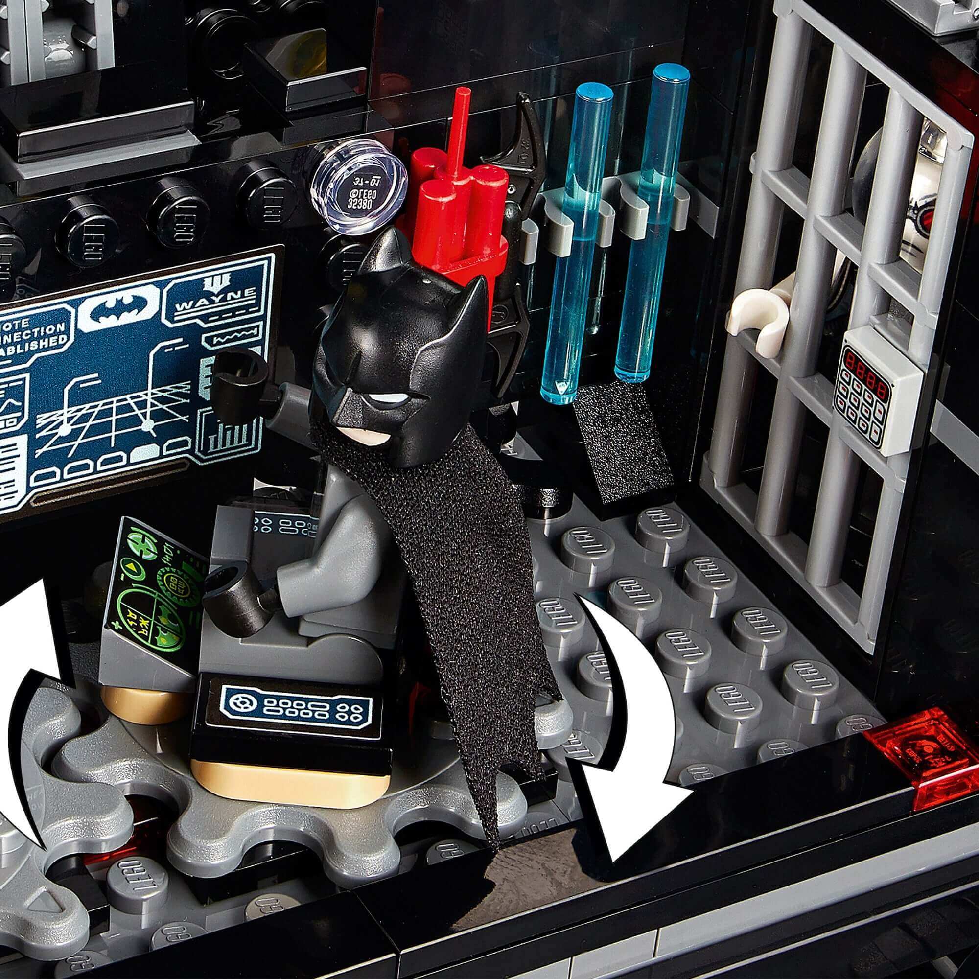 LEGO® DC Batman Mobile Bat Base featuring Batman minifigure, gadgets, and interior details from set 76160.