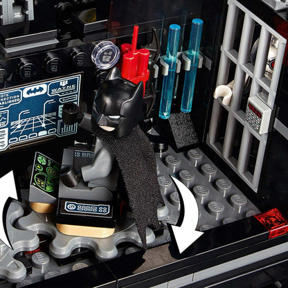 LEGO® DC Batman Mobile Bat Base featuring Batman minifigure, gadgets, and interior details from set 76160.