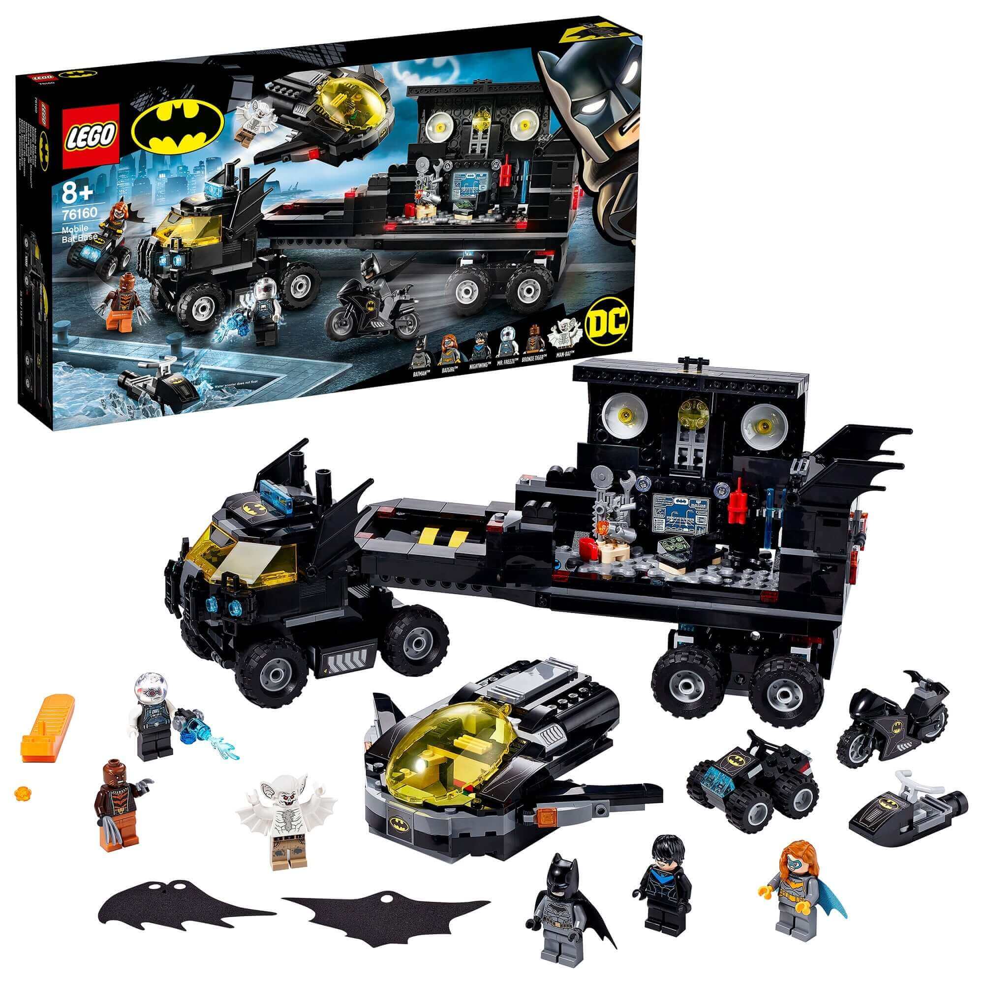 LEGO DC Batman Mobile Bat Base Truck Toy 76160 with minifigures, vehicles, and gadgets for kids aged 8 and up.