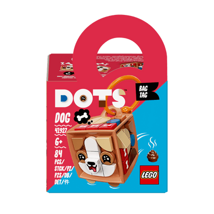 LEGO® DOTS Dog Bag Tag Craft Set 41927 for kids, featuring a cute puppy design and colorful tiles.
