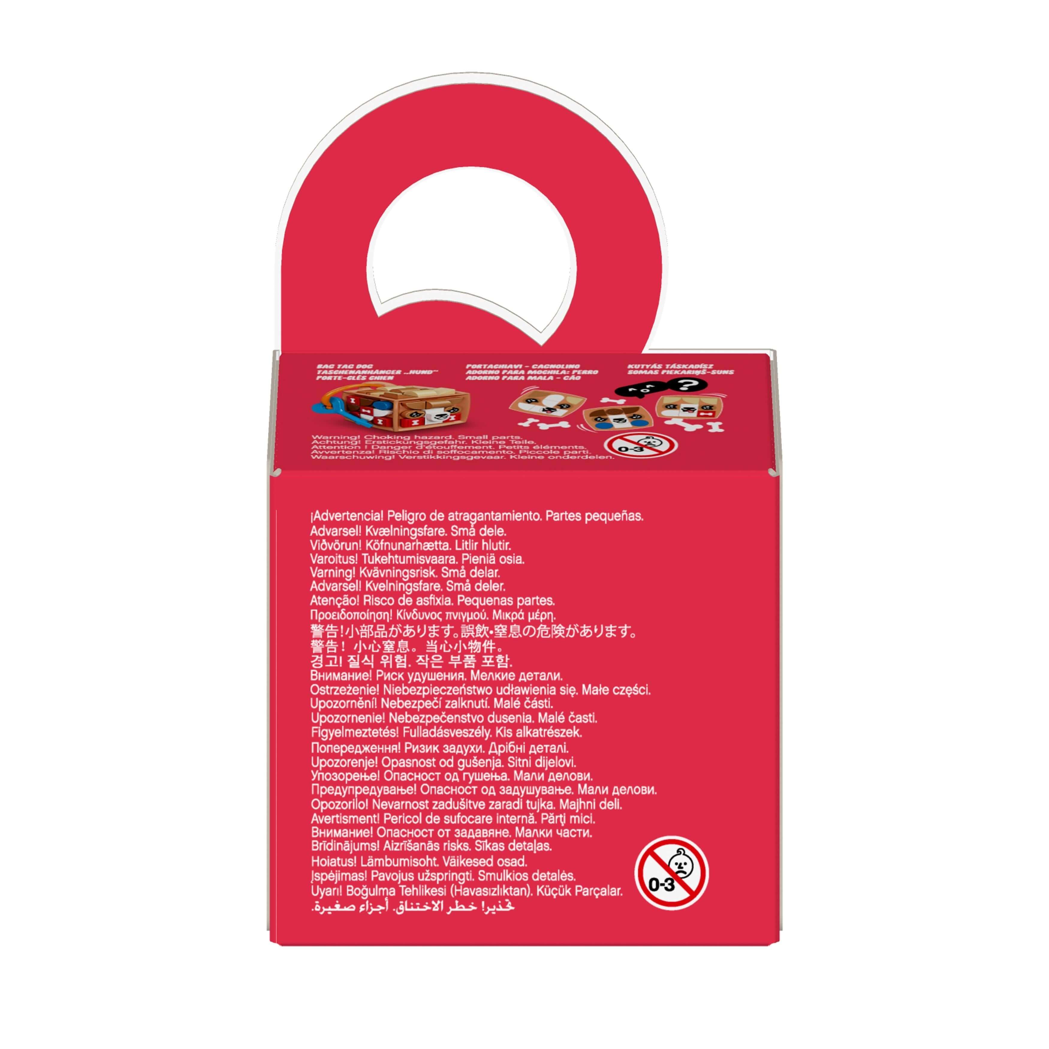 LEGO DOTS Bag Tag Dog Accessories Craft Set 41927 packaging back, featuring colorful designs and multilingual safety information.